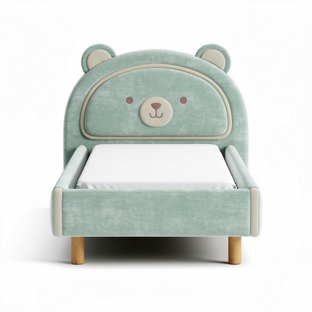 Letto per bambini in tessuto verde con testiera orso 90 x 70 x 70cm