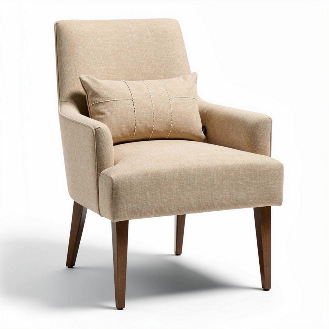 Poltrona in tessuto beige con cuscino e gambe in legno 70 x 70 x 90cm