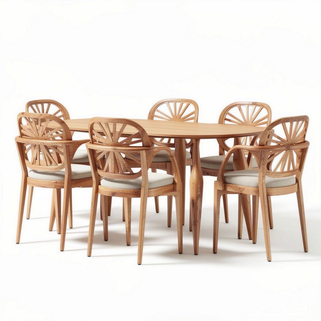 Tavolo da pranzo in legno con sei sedie imbottite color beige dimensioni 150 x 80 x 75cm