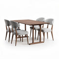 Tavolo in legno color noce con quattro sedie imbottite grigie 150 x 90 x 75cm