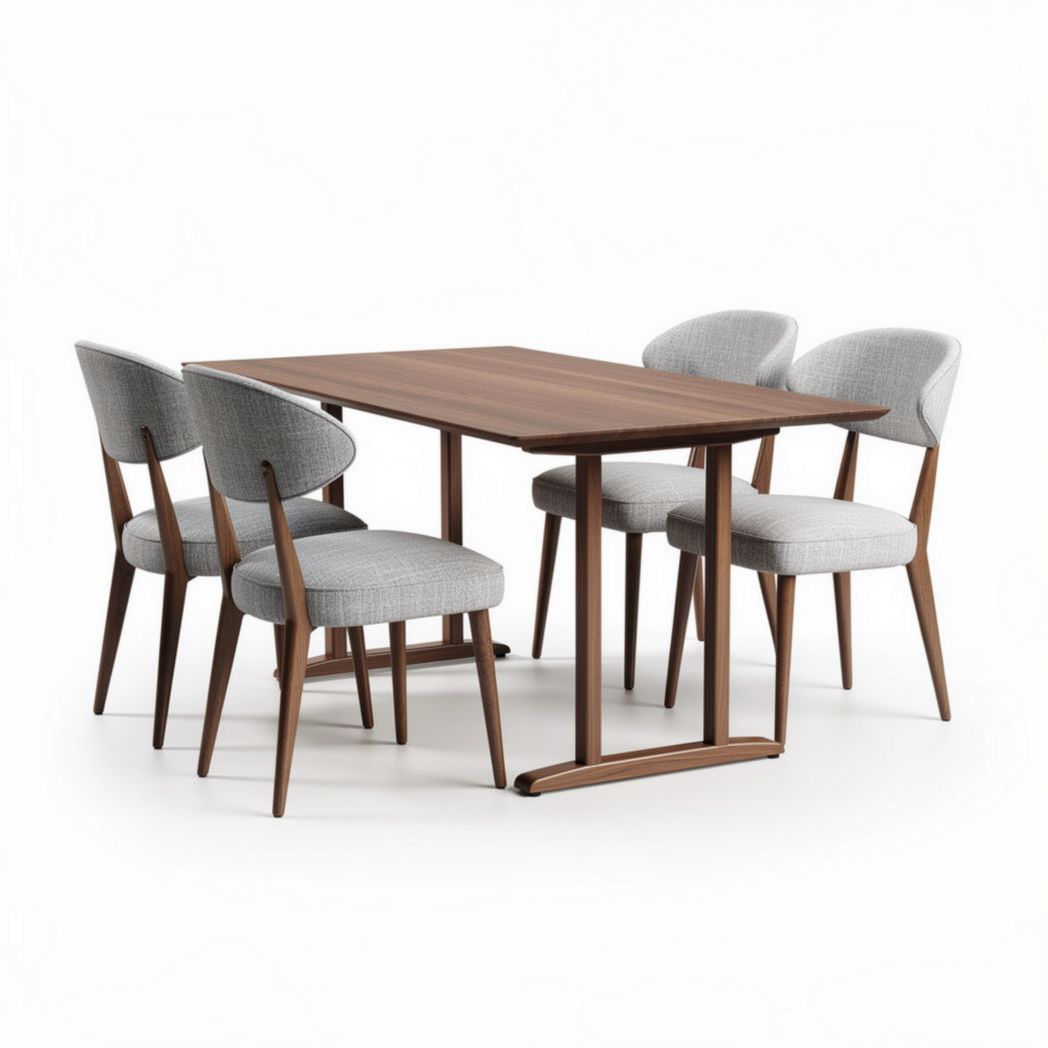 Tavolo in legno color noce con quattro sedie imbottite grigie 150 x 90 x 75cm