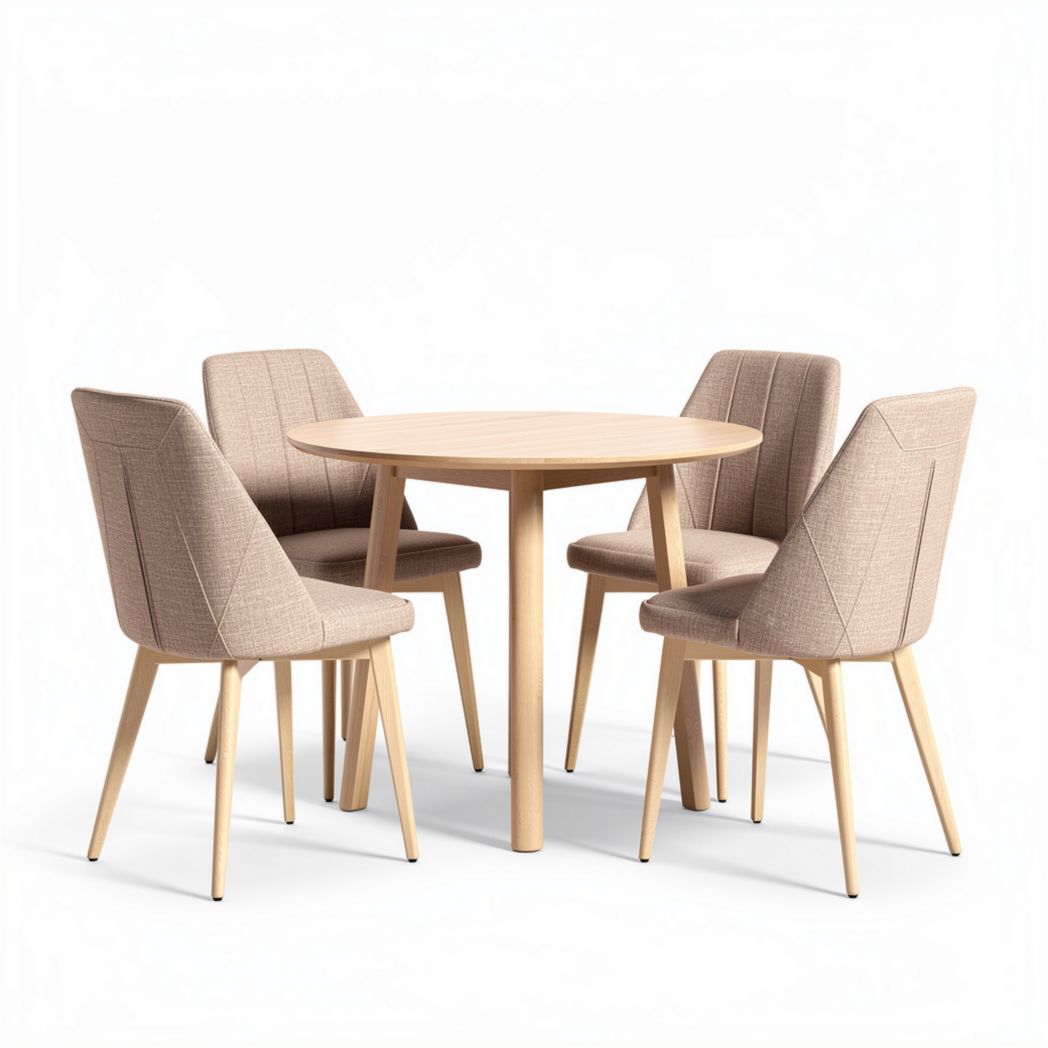Tavolo rotondo in legno con quattro sedie imbottite color beige 85 x 85 x 75cm