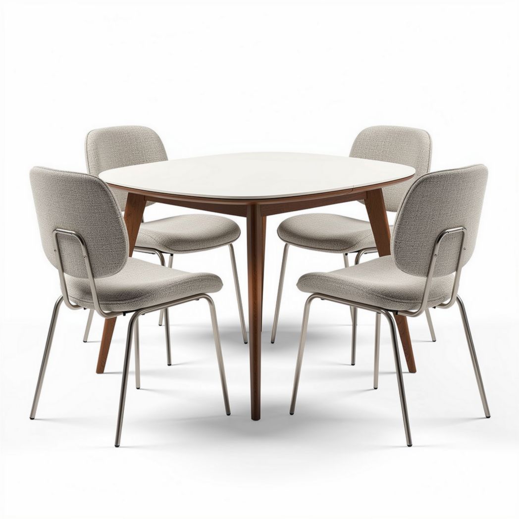 Tavolo rotondo in legno con sedie imbottite in tessuto grigio 120 x 120 x 75cm