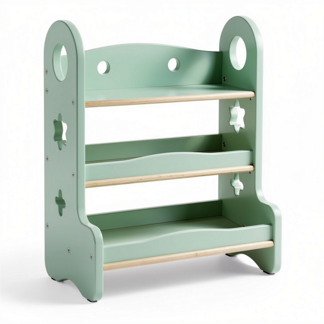 Scaffale in legno verde con tre ripiani per bambini 80 x 30 x 90 cm