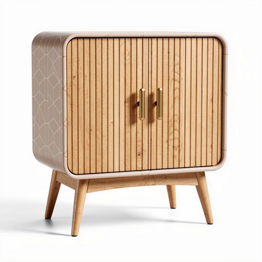 Mobiletto in legno bicolore con ante a doghe e gambe in legno naturale 60 x 40 x 75cm